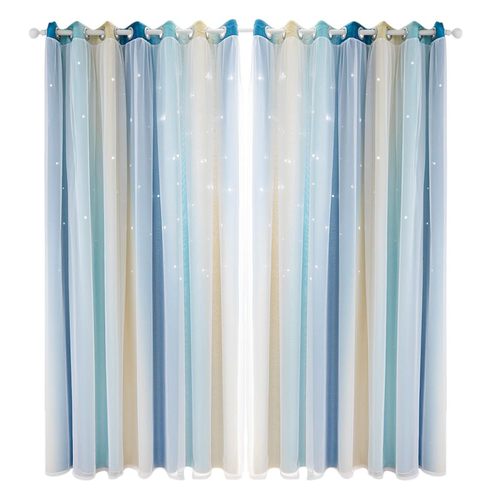 

Gradient Hollow Star Curtain Bedroom Full Blackout Window Drapes (Blue, 501 Original