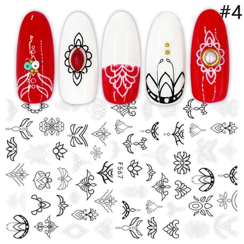 1pcs Black White Letter Stickers For Nails Flower Leaf Linear Transfer Decals Slider 3D Nail Art Decorations Wraps