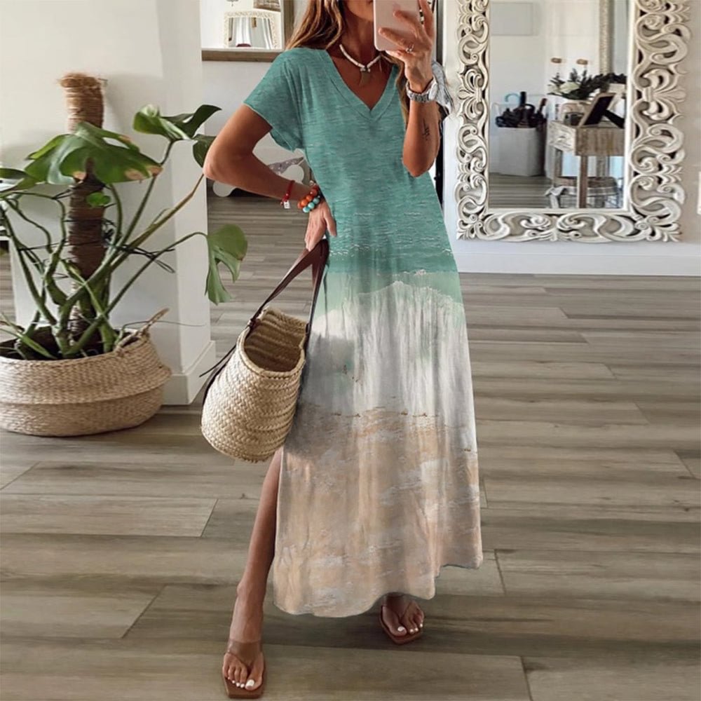 Green Short Sleeve V-Neck Maxi Dress
