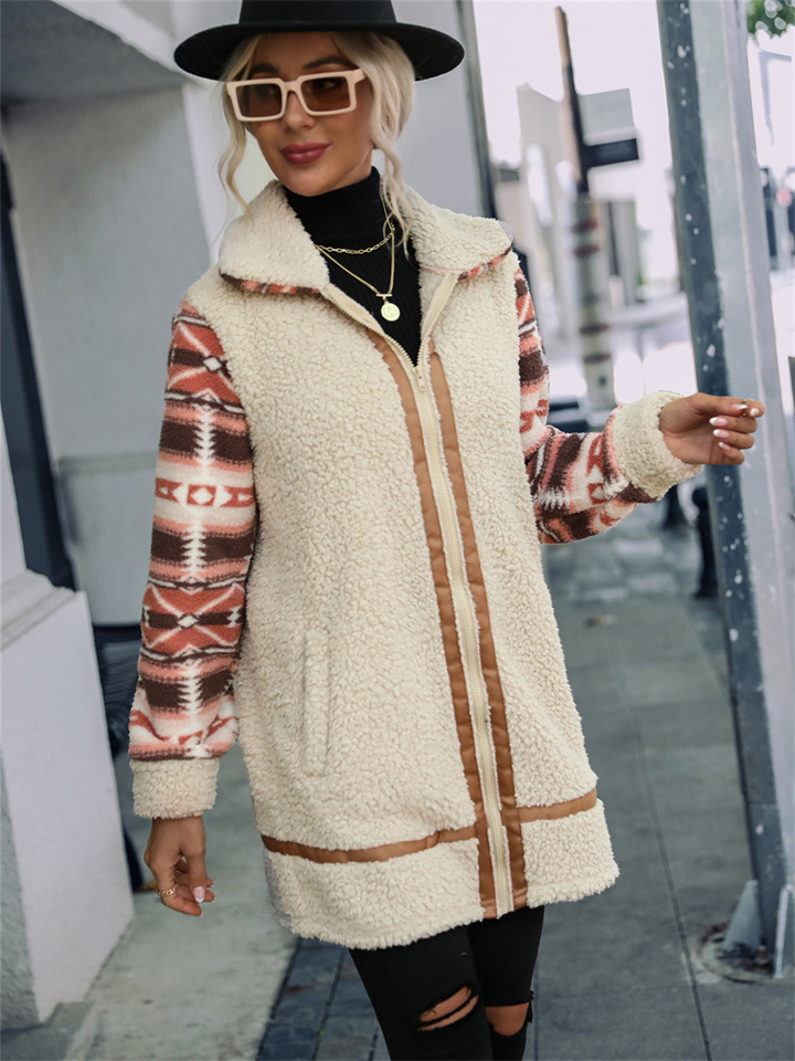 Women's Cardigan Grainy Colorblocking Printed Lapel Long Loose Type Splicing Zipper Plush Jacket