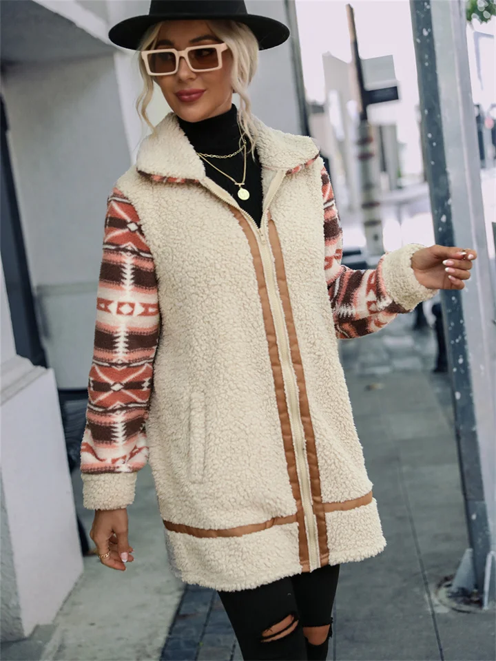 Women's Cardigan Grainy Colorblocking Printed Lapel Long Loose Type Splicing Zipper Plush Jacket-Cosfine