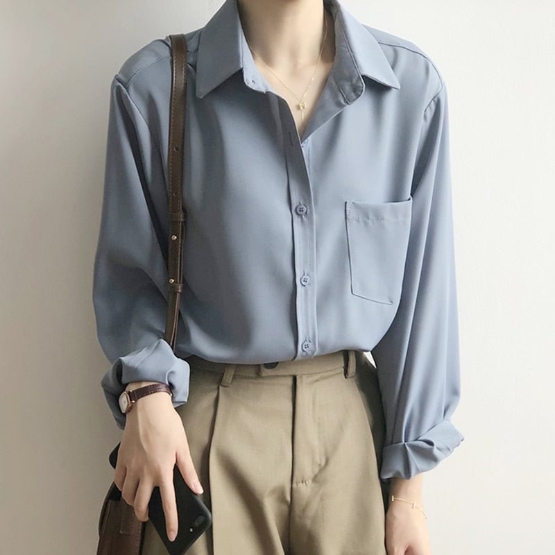 Loose White Shirts for Women Turn-down Collar Solid Female Shirts Plus Size Office Ladies Tops 2021 Spring Summer Blouses 11354