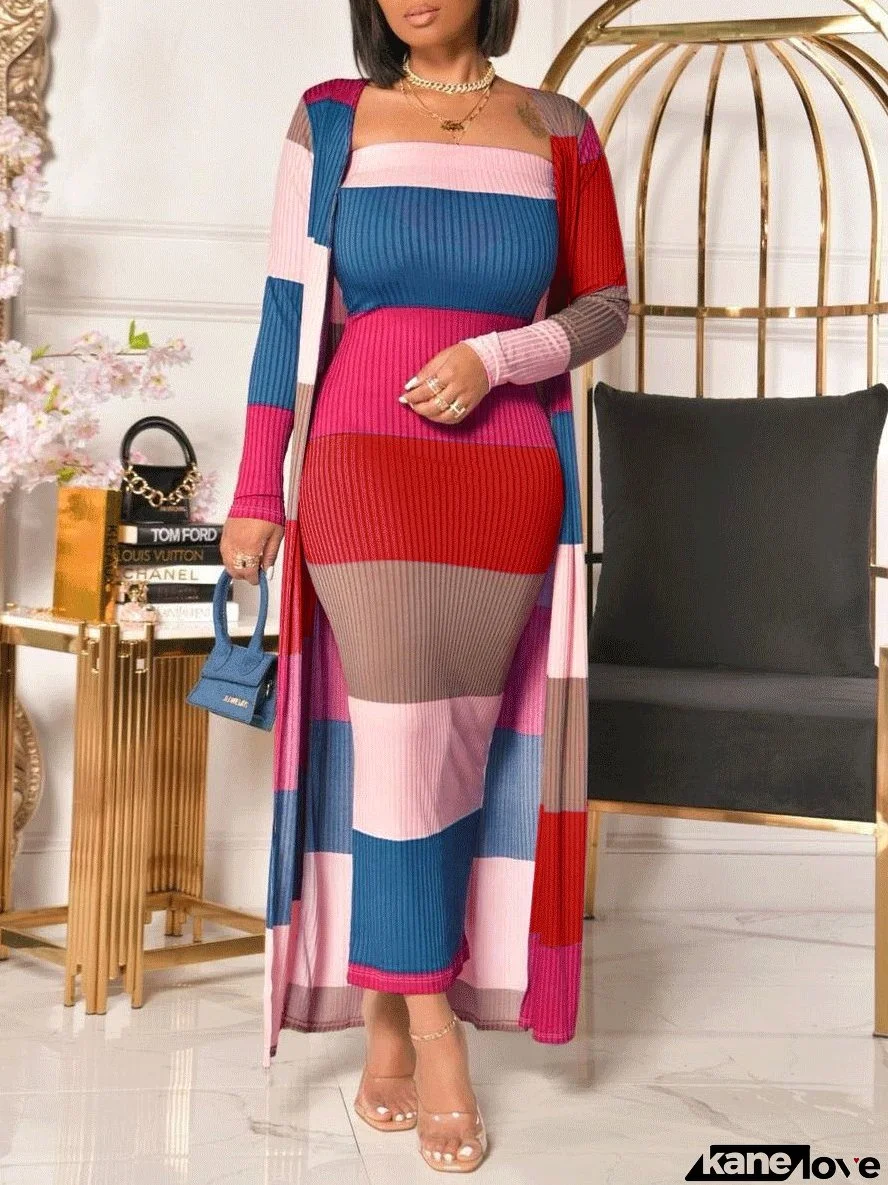 Women's Sets Multicolor Striped Dress & Coat Two-Piece Suit