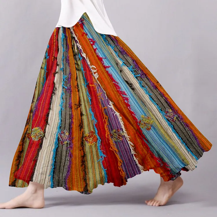 Boho Vintage Patchwork Flowy Linen Blend Wide Skirt