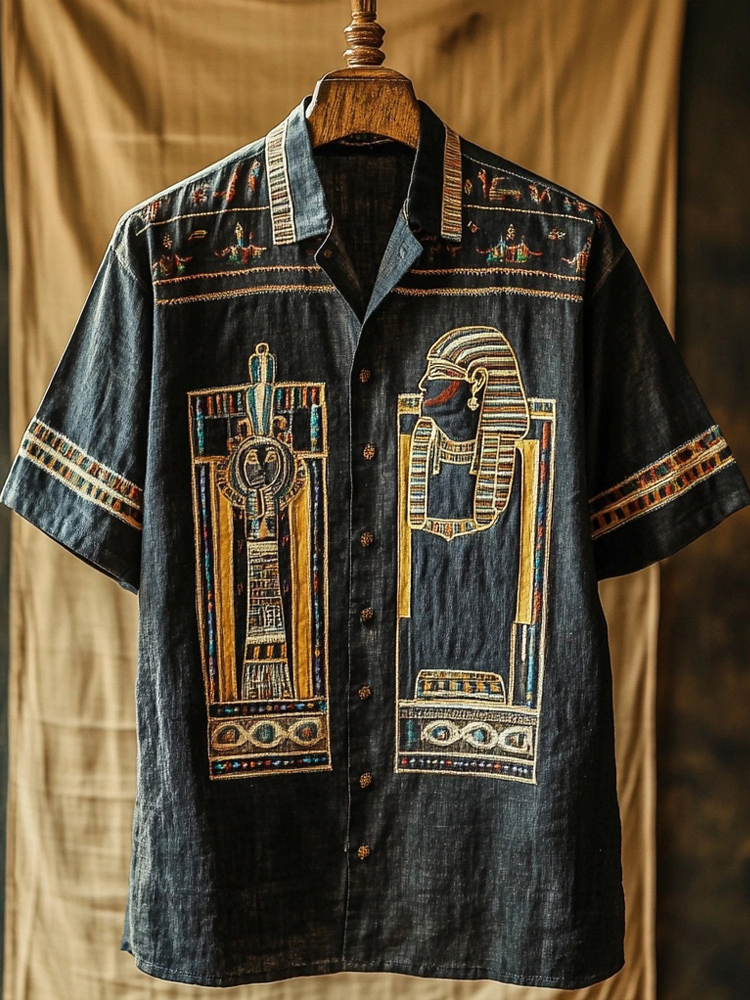 Ankh Ancient Egyptian Elements Embroidered Linen Shirt