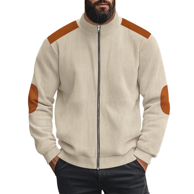 Men's Casual Corduroy Patchwork Stand Collar Zipper Long Sleeve Jacket 40639117M