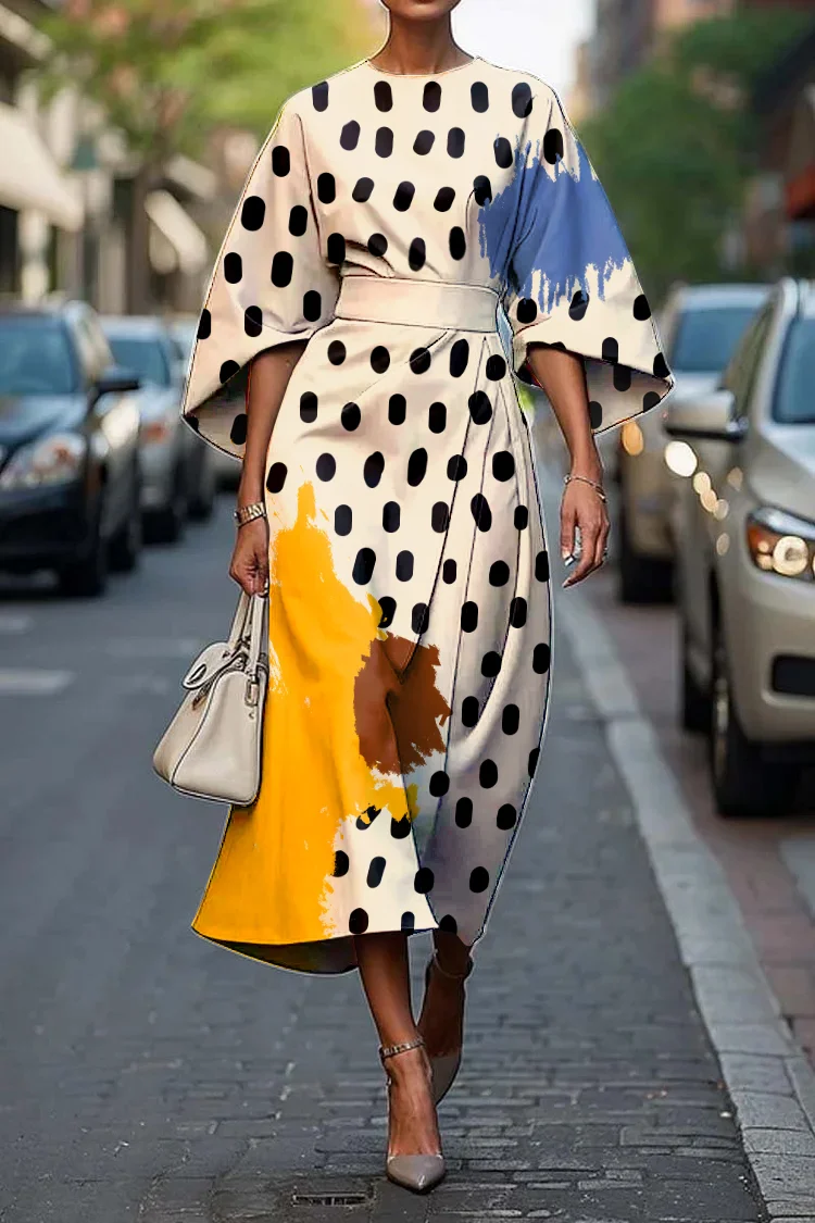 Women's Elegant Abstract Art Polka Dot Print Midi Dress