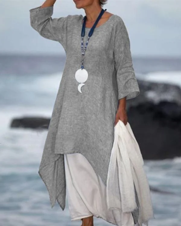 New Solid Color Linen Dress Loose Long-Sleeved Cotton Dress