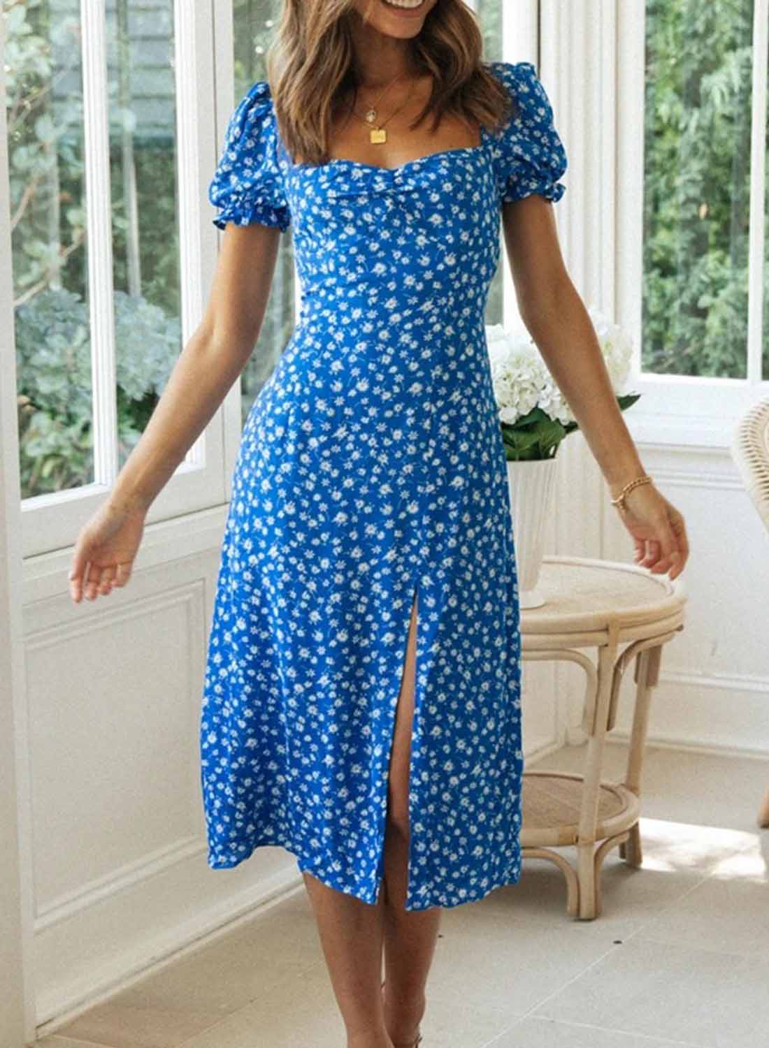 Women's Dresses Purf Sleeve Floral Printing Split Summer Midi Dress