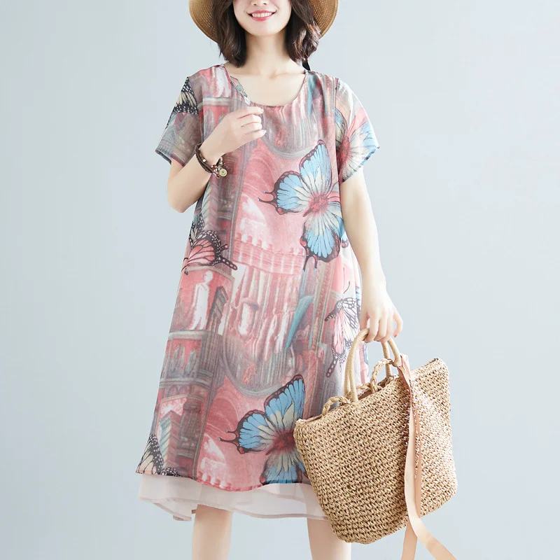 Loose Slimming Plus Extra-Large Size Chiffon Short Sleeve Dress For Middle-Aged Women