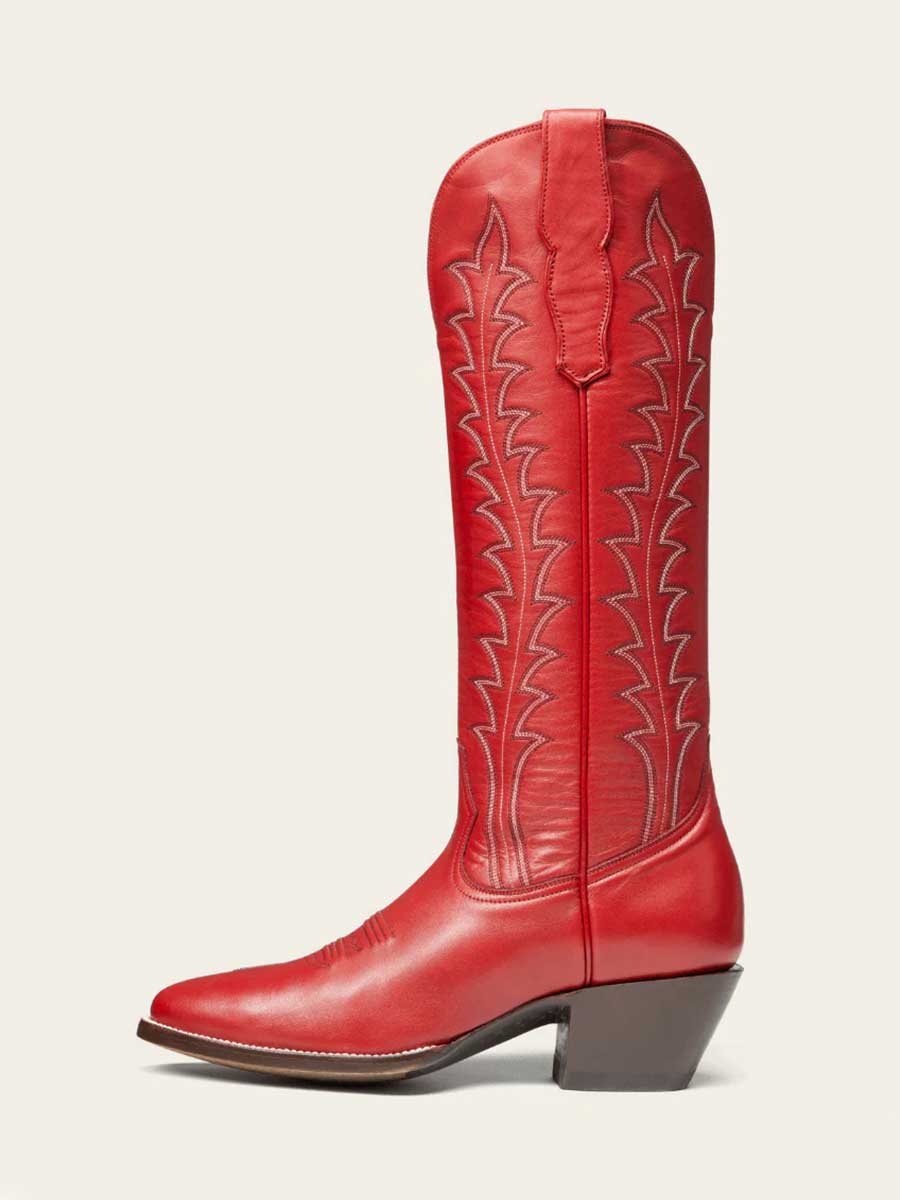 Red Almond Toe Embroidered Chunky Heel Wide Calf Knee High Cowboy Boots for Women