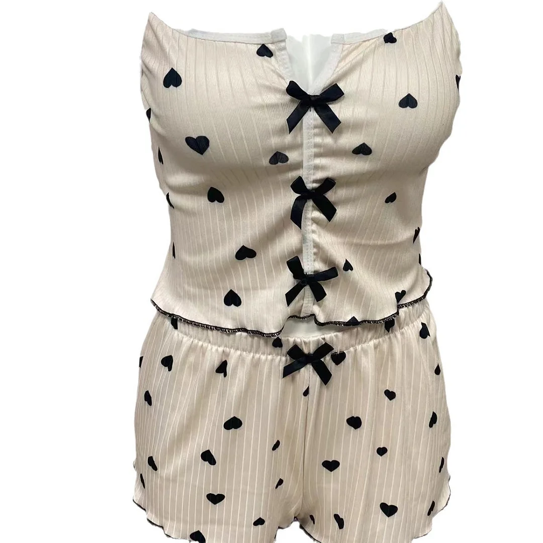 Uveng 2025 New Heart-Shaped Print Bump Color Home Clothes Front Laming Fork With Pajamas Set