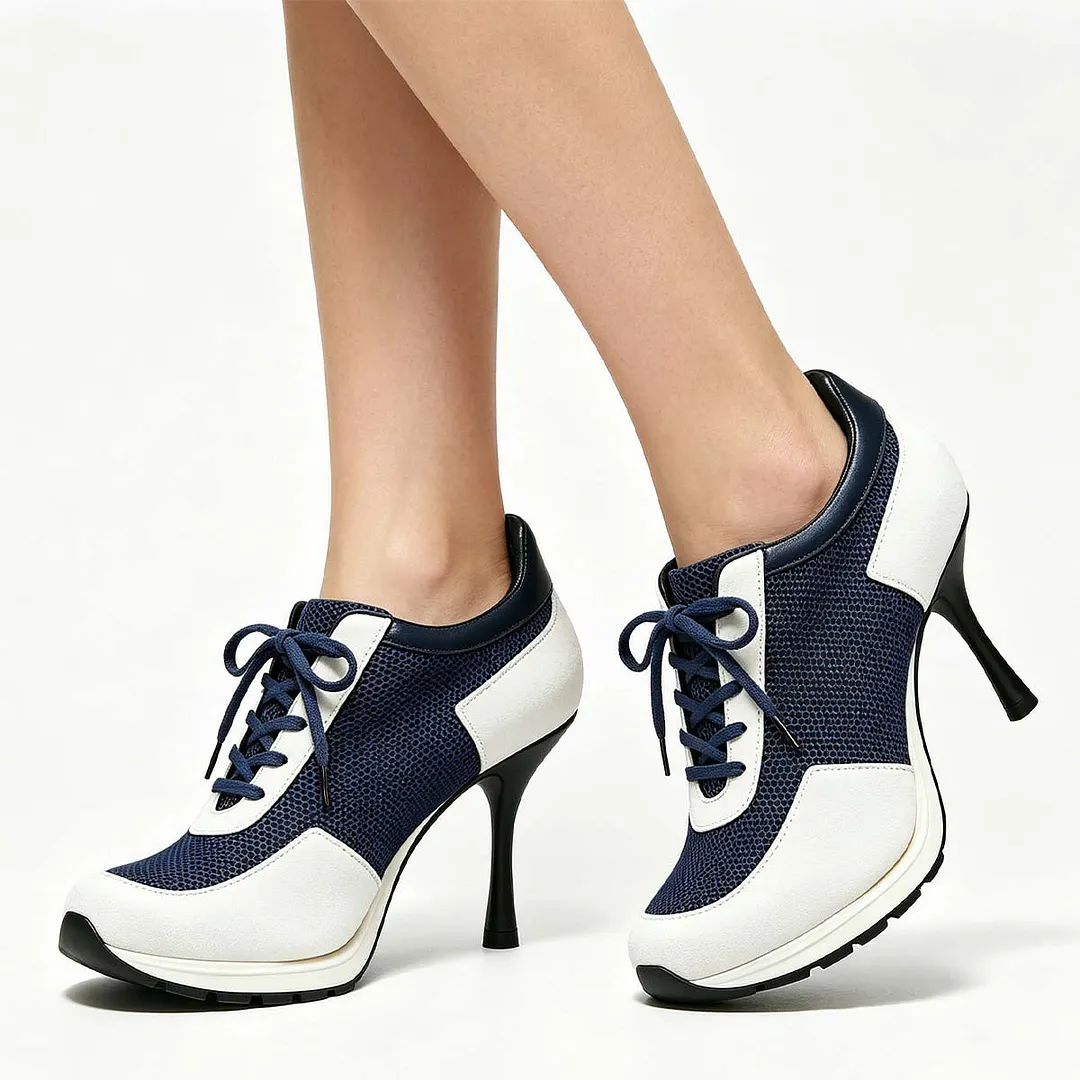 White and Navy Mesh Patchwork Sneaker Round Toe Lace Up Stiletto Shoes