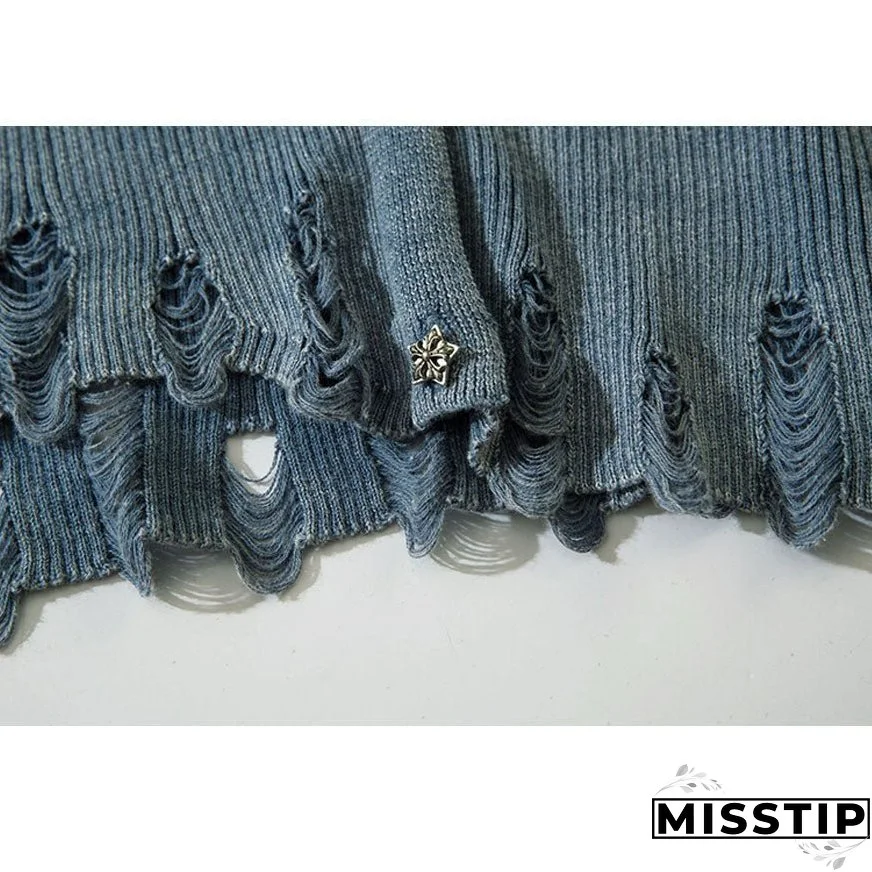 V Neck Distressed Star Button Cropped Cardigan Sweater