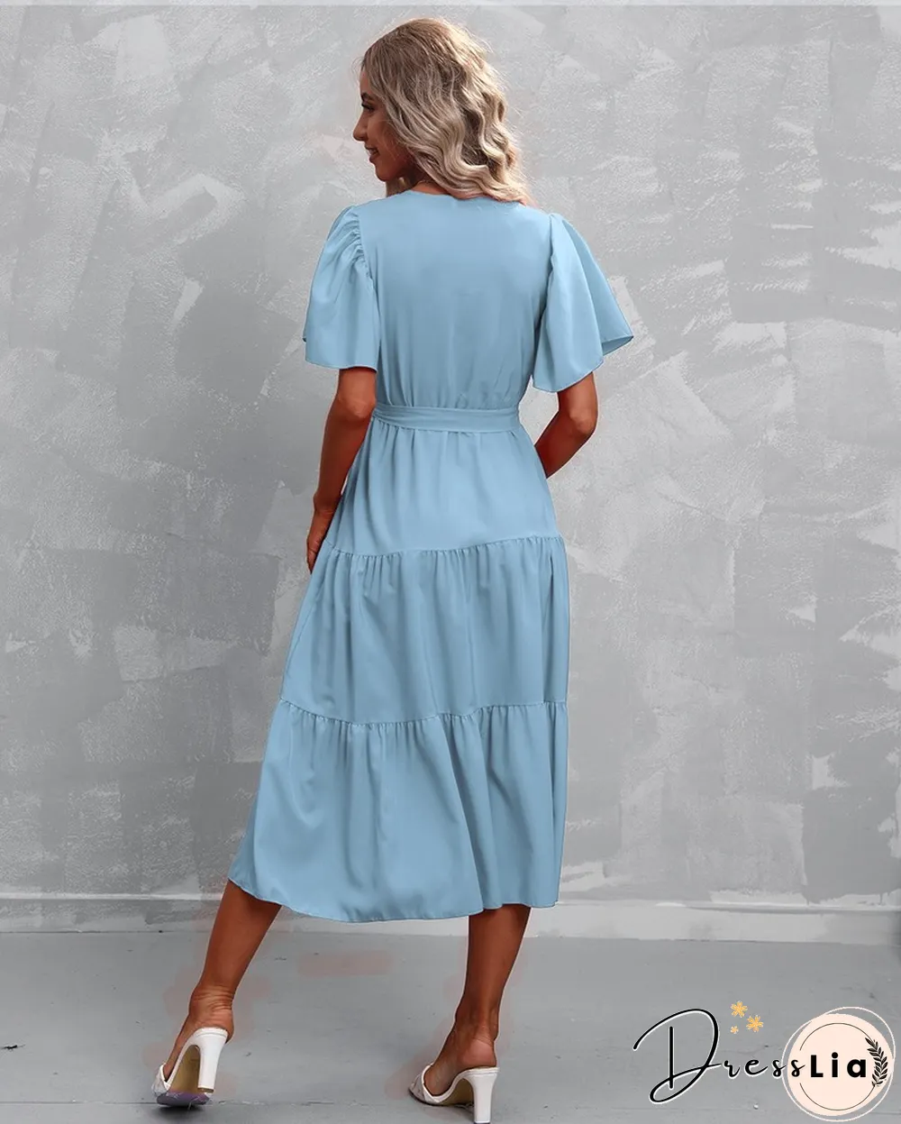 Elegant Womens Summer Dress & Casual Lace-Up Solid Color Neck High Waist Short Sleeve