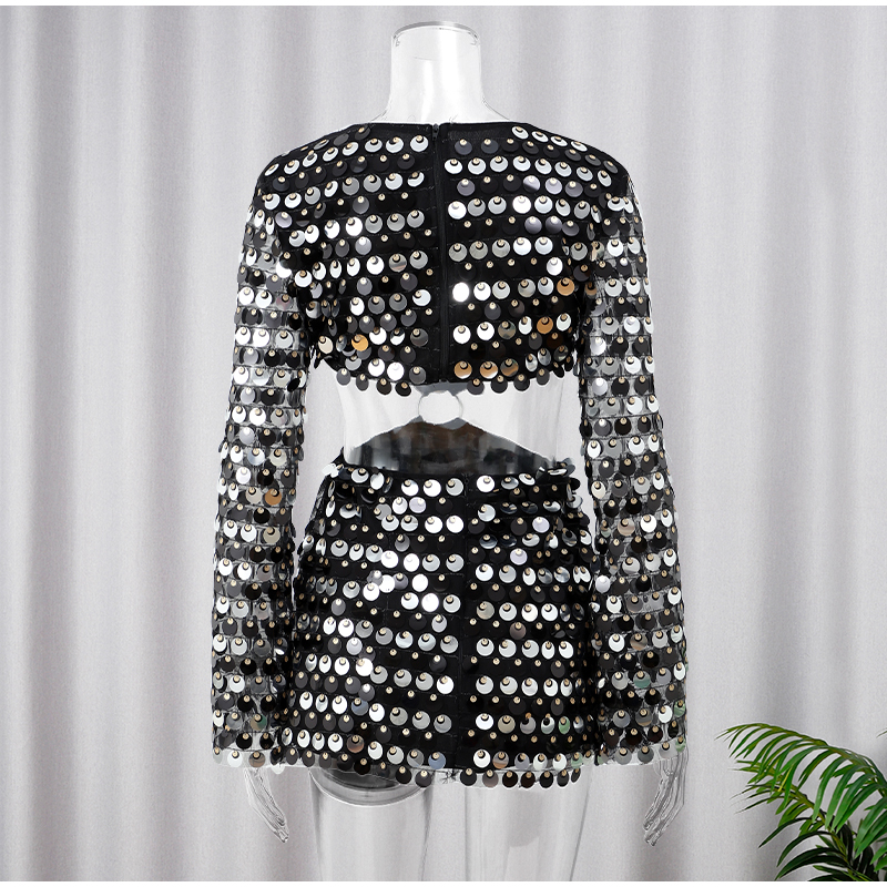 Women Fashion Glitter Sequins Hollow Out Mini Dress Elegant Round Neck Long Sleeves Short Dresses 2025 Female Chic Party Outfit