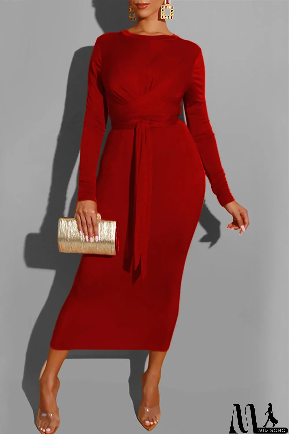 MidiSono - Deep Blue Fashion Casual Bandage O Neck Long Sleeve Dresses