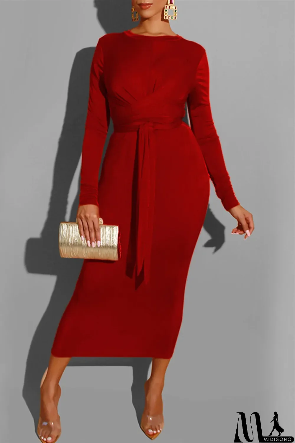 MidiSono - Deep Blue Fashion Casual Bandage O Neck Long Sleeve Dresses