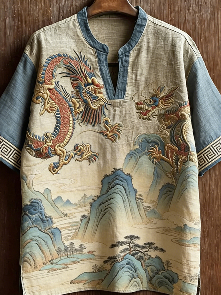 Vintage Dragon & Landscape Painting Art Linen Tunic  artssus