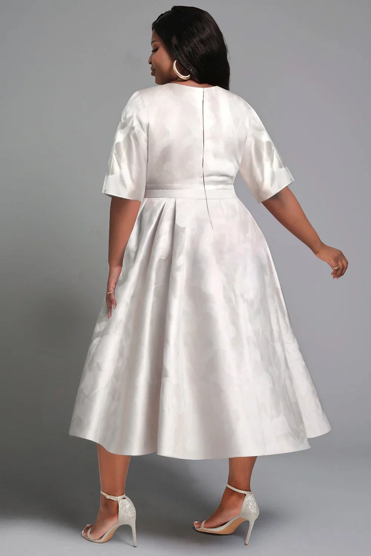 Xpluswear Design Plus Size Wedding White Elegant Round Neck Half Sleeve Pocket Wrap Satin Midi Dresses [Pre-Order]