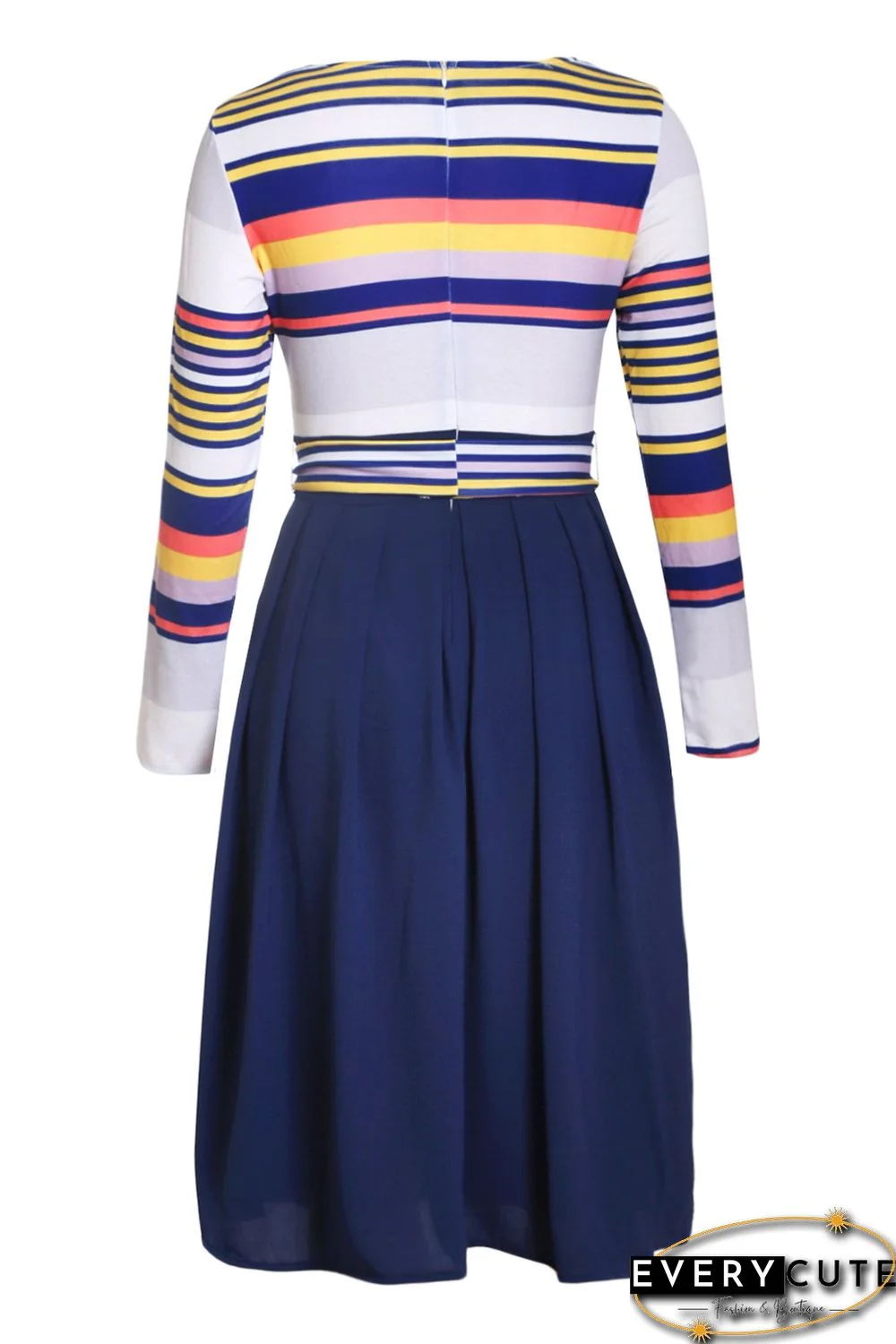 Navy Yellow Striped Poplin Sash Tie Midi Dress