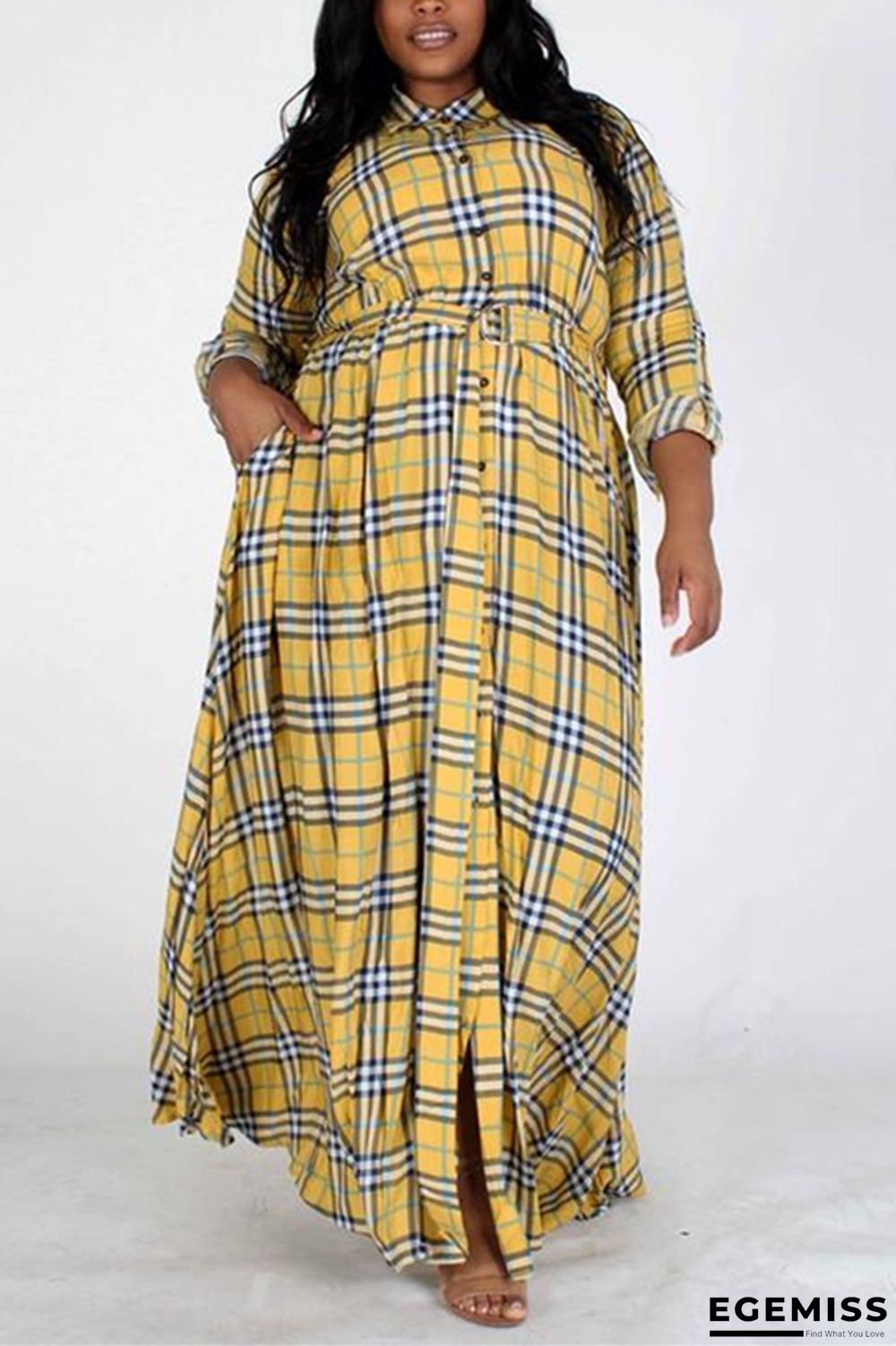 Yellow Fashion Vintage Plaid Long Sleeve Dress | EGEMISS