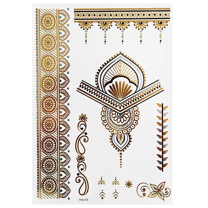 Boho Floral Temporary Metallic Tattoos Gold Silver Metallic Colors (1 Sheets)