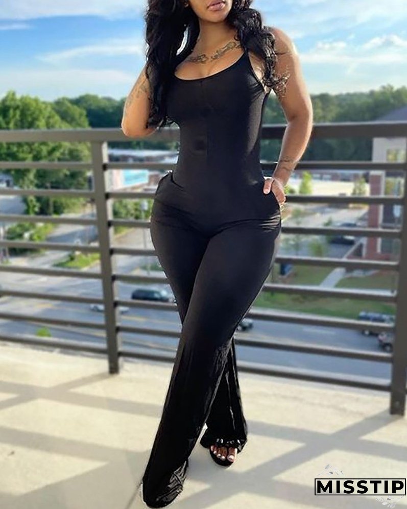 Printed Solid Color Straps Jumpsuit