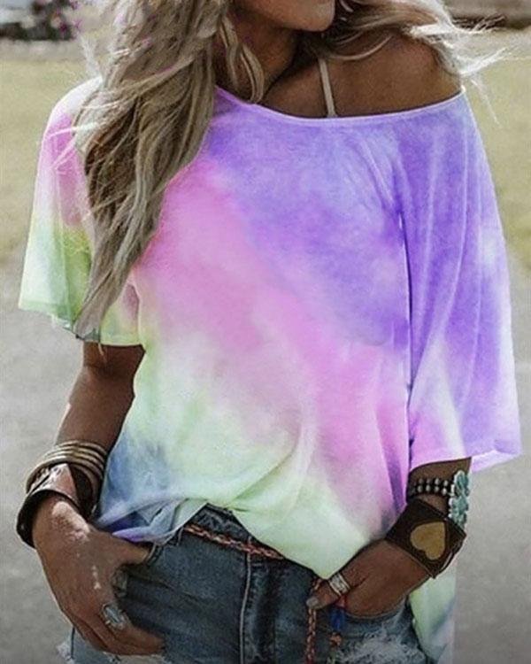 Gradient Printed Loose Bat Sleeve T-shirt