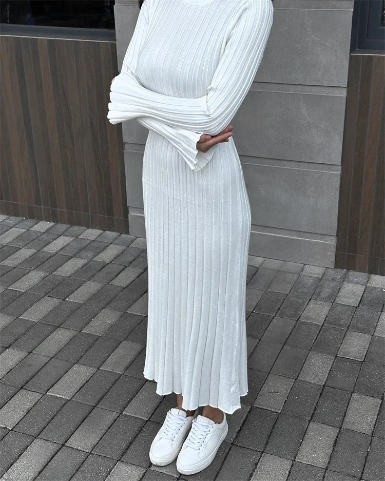 Woherb Spring Knitting Bottom Long Sleeve Long Dress Women's Round Neck Solid Color Strap High Waist Tight Dress