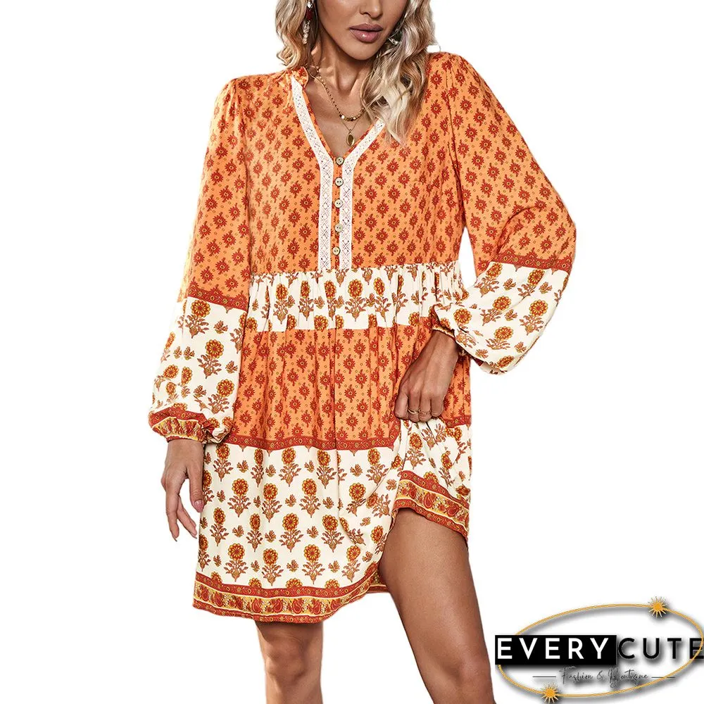 Orange Bohemia Print Button Detail V Neck Long Sleeve Dress