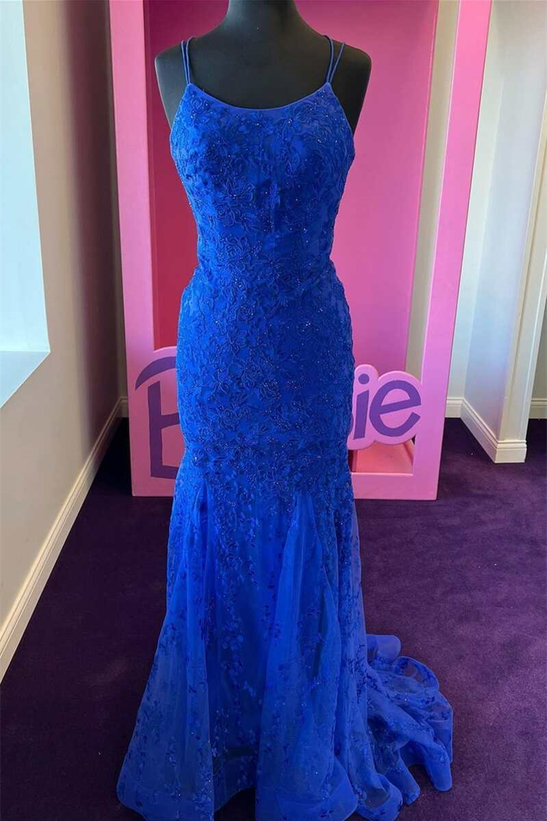 Oknass Exquisite Royal Blue Spaghetti-Straps Mermaid Long Prom Dress with Appliques 