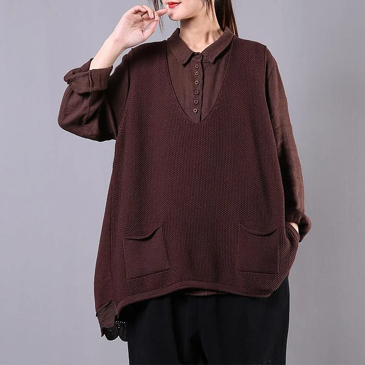 diy chocolate cotton Blouse v neck sleeveless Art spring top