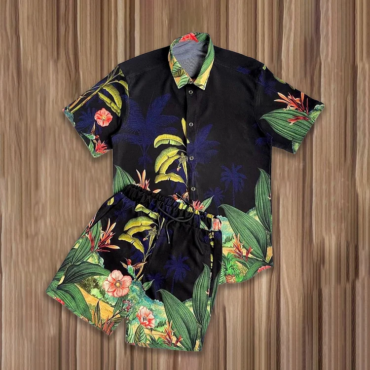 BrosWear Trendy Holiday Botanical Print Black Shirt And Shorts Co-Ord