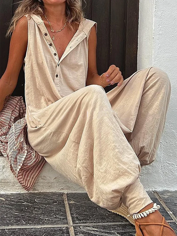 Casual Plain Single Breasted Loose Sleeveless Hooded Overall Jumpsuit