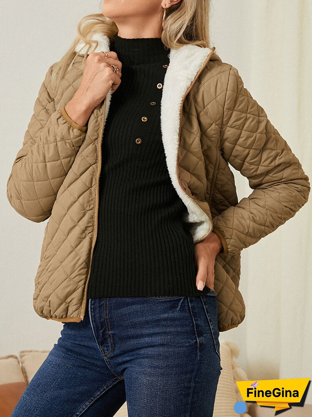 Solid Plush Zip Front Pocket Hooded Long Sleeve Coat