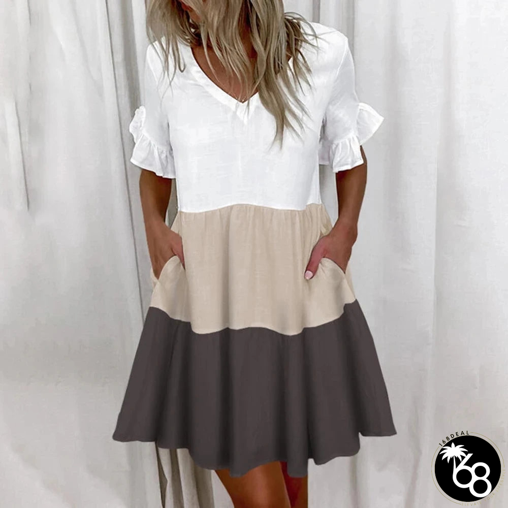 Women's Polyester V-Neck Short Sleeves Patchwork Pattern Dress | 168DEAL