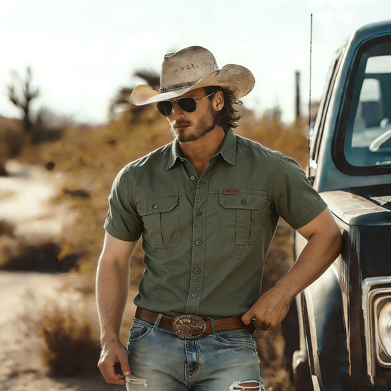 Cotton Blend Western Short Sleeve Shirt For Men