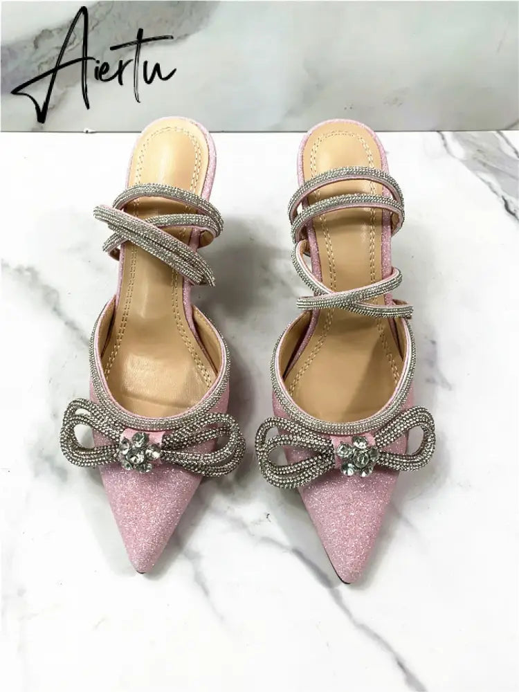 Aiertu Brand Luxury Crystal Sequined Bowknot Women Pumps Sexy Ankle Strap High heels Female Sandals Summer Fashion Wedding Prom Shoes Aiertu