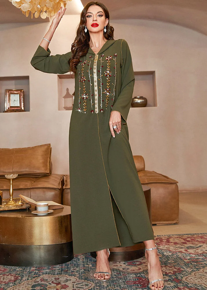 Fitted Blackish Green Sequins Patchwork Hooded Long Dresses Long Sleeve
