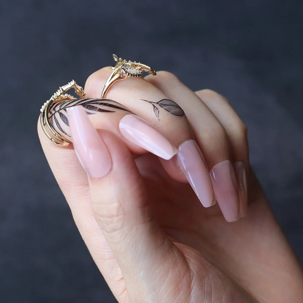 Gloosy Artificial Coffin Nails Fake Nails 24PCS Ballet False nails Nude glitter UV gel Naturally decorated nails-Nail Inspo