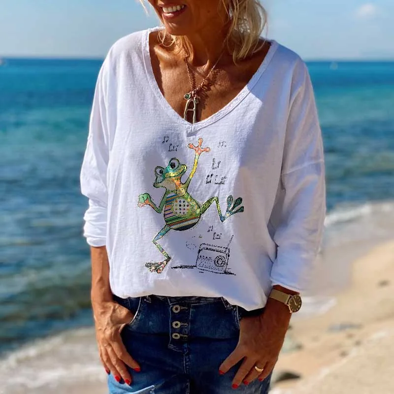 A Frog Dancing With Music Printed V-neck Long-sleeved T-shirt