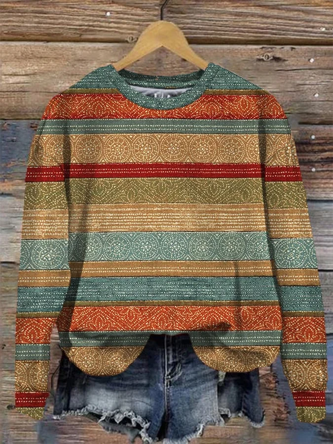 Women's ethnic style striped print crew neck sweatshirt