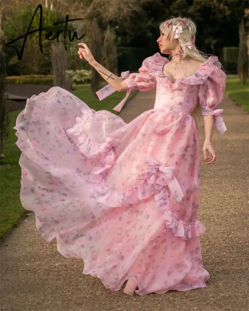 Aiertu  Princess Pink Floral Print Tulle A-line  Heart Shaped Neck Floor-Length Prom Dresses 2024 Aiertu