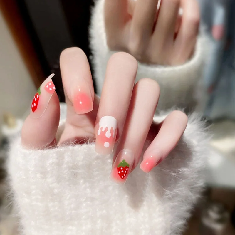 24Pcs Fake Nail Tips For Women Frosted Matte Nails with glue Nude with Black Love Heart Print designs Press On false fingernail-Nail Inspo