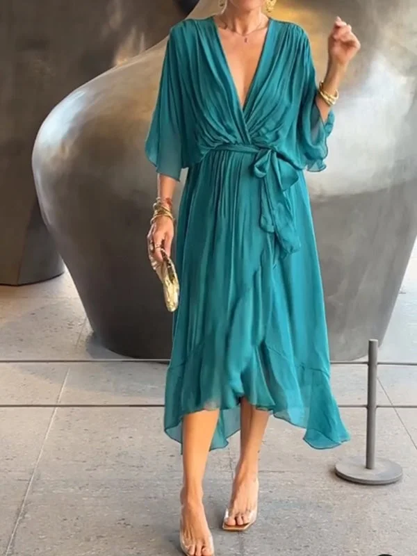 V Neck Chiffon Dress with Streamer at Back Strap Orange