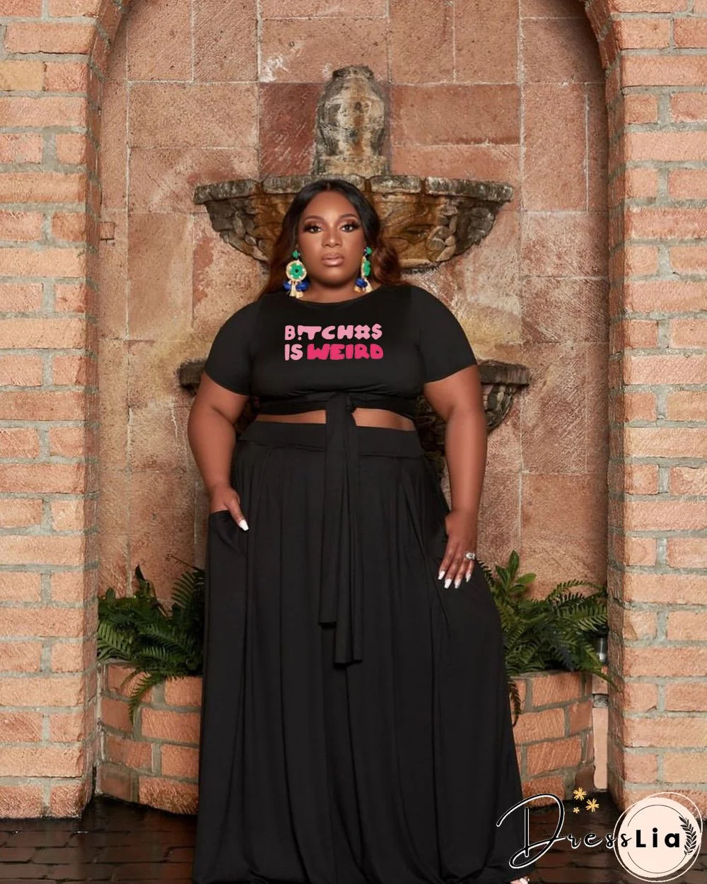 Lace Up T Shirts Maxi Skirts Plus Size Two Piece Set
