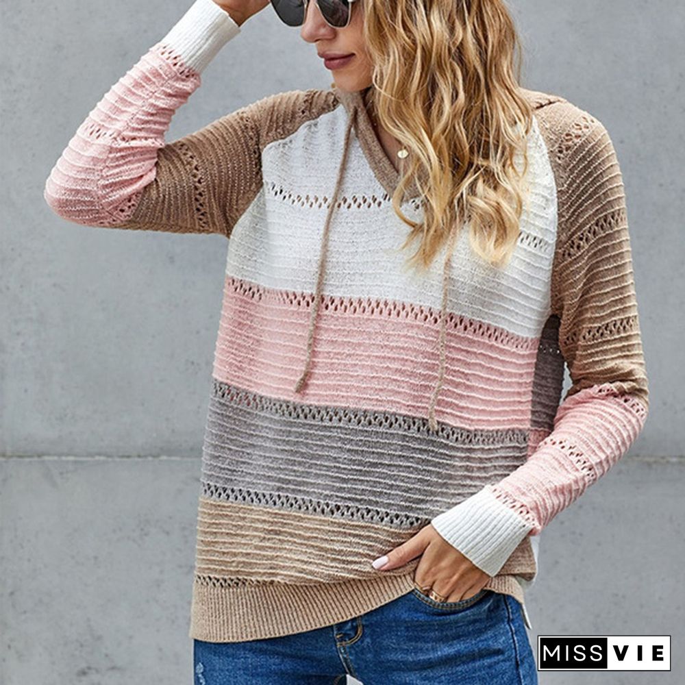 New Fashion Stitching V-neck Hooded Sweaters for Women Autumn Hollow-out Knitted Sweater Color Block Pullover Hoodies Coat