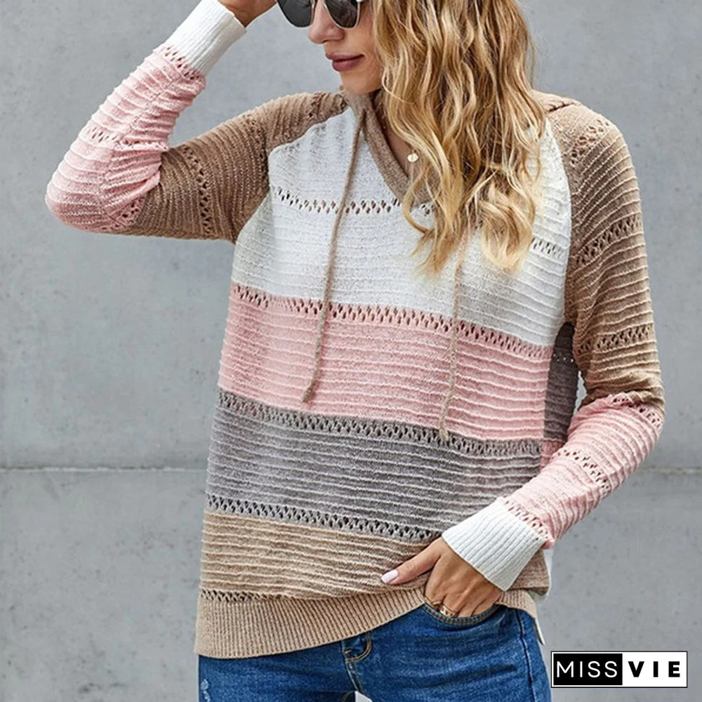 New Fashion Stitching V-neck Hooded Sweaters for Women Autumn Hollow-out Knitted Sweater Color Block Pullover Hoodies Coat