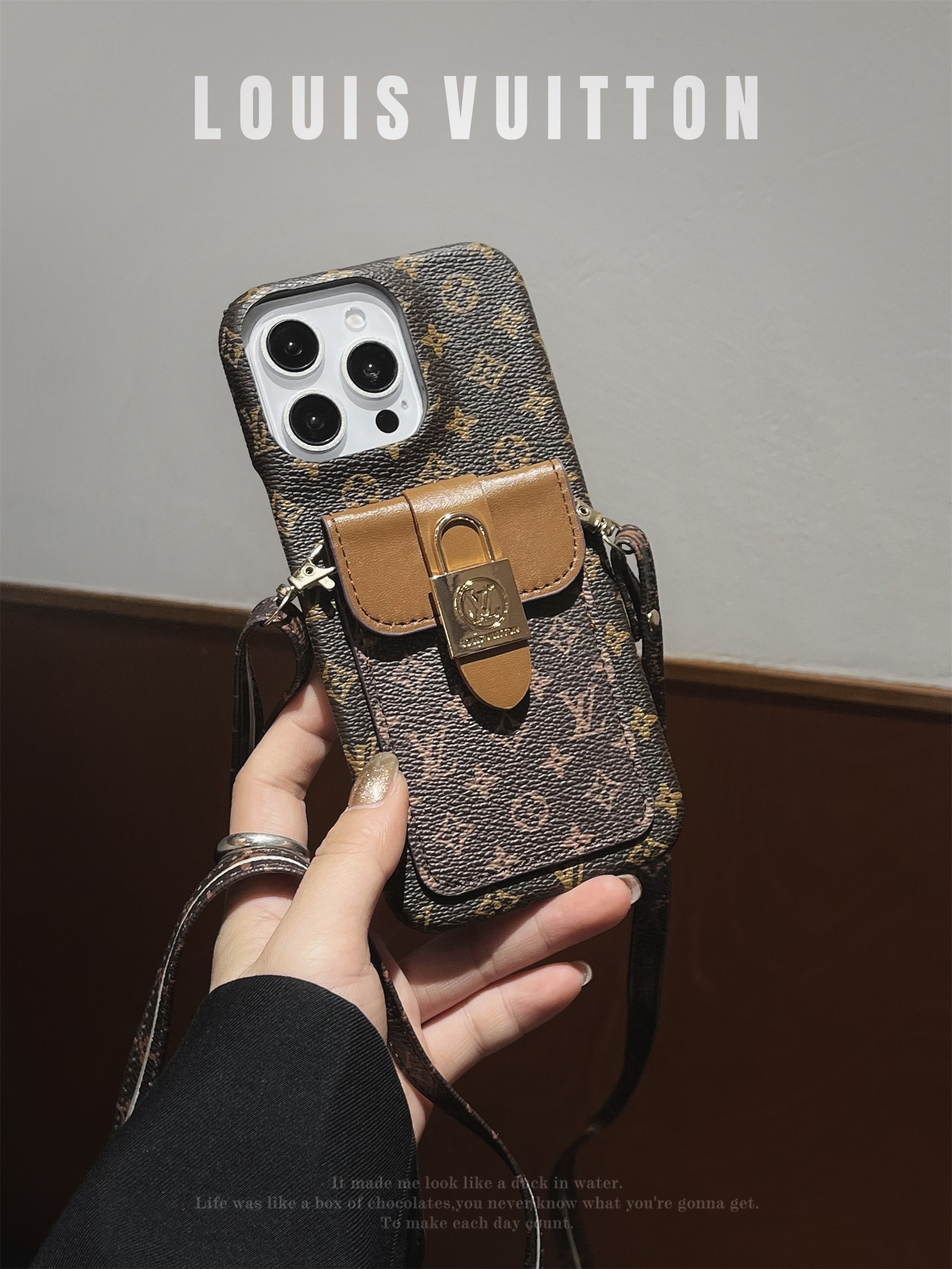 LV Lockme Tender Crossbody Card Holder Monogram Canvas Lock Button Apple iPhone Case